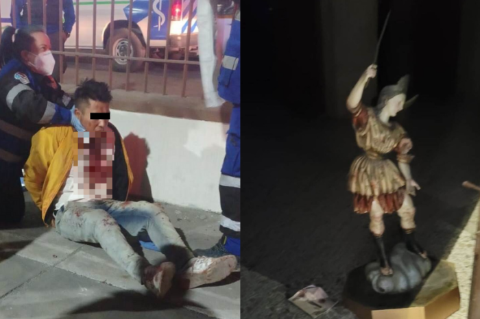 ¡Divina justicia! Roba iglesia en Monterrey y resulta herido por estatua de Arcángel Miguel