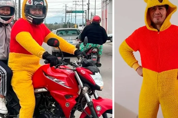 Se viste de Winnie Pooh para ir por su hija a la escuela￼
