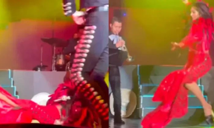 Ana Bárbara ‘azotó’ durante concierto, pero siguió cantando en el piso￼