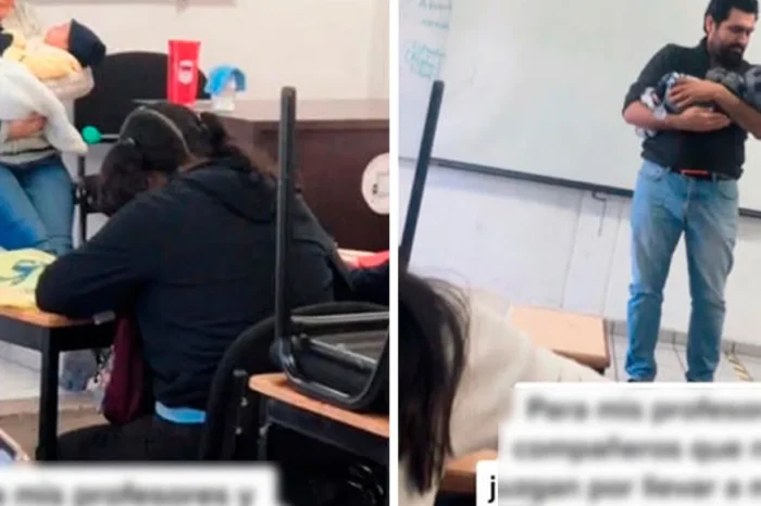 Lleva con ella a su bebé a la universidad; sus compañeros ayudan a cuidarlo