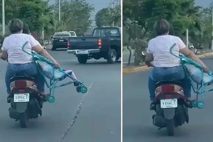 Mujer viaja en moto con su hijita en la carriola e indigna a redes sociales