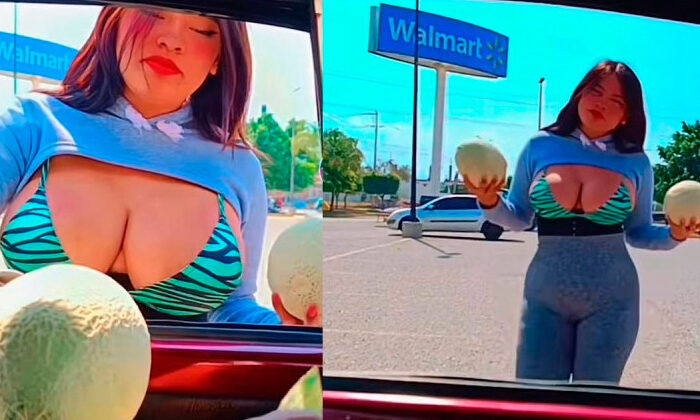 Joven vendedora de frutas conquista a sus clientes con sus ‘melones’