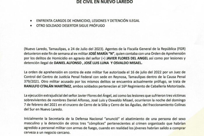 CAPTURA FGR A MILITAR PROFUGO POR ASESINATO DE CIVIL EN NUEVO LAREDO