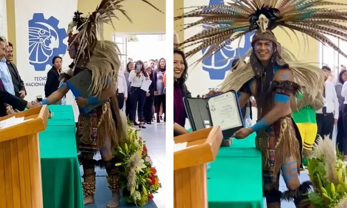 Se recibe de bioquímico y usa un traje prehispánico en la graduación