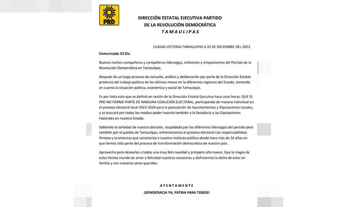 Abandona PRD coalición en Tamaulipas