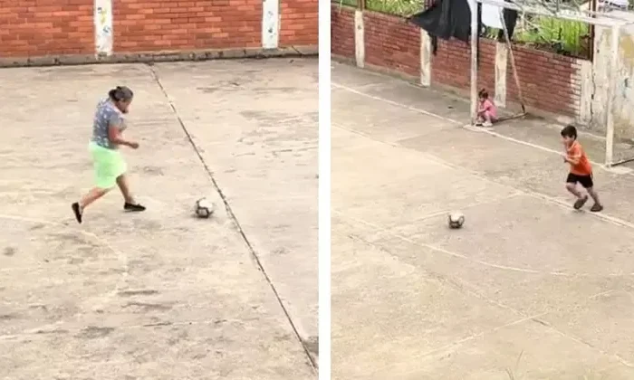 Abuelita que juega futbol con su nieto se vuelve viral
