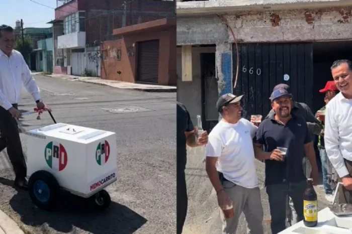 Líder del PRI en Michoacán regala caguamas a albañiles en la vía pública