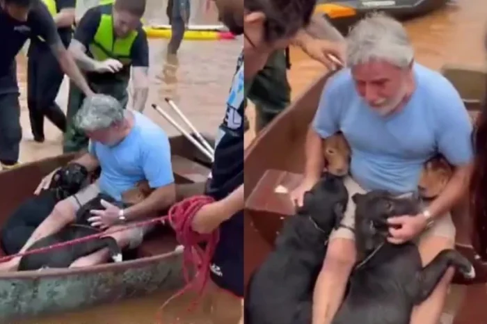 Sin importarle el peligro, hombre rescata a sus 4 perritos de las inundaciones en Brasil