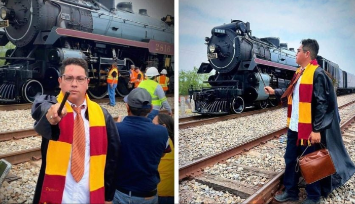 Joven en Nuevo León se disfraza de Harry Potter tras el paso de la locomotora de vapor