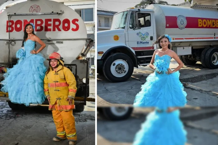 Quinceañera se toma fotos con el camión de bomberos de su mamá