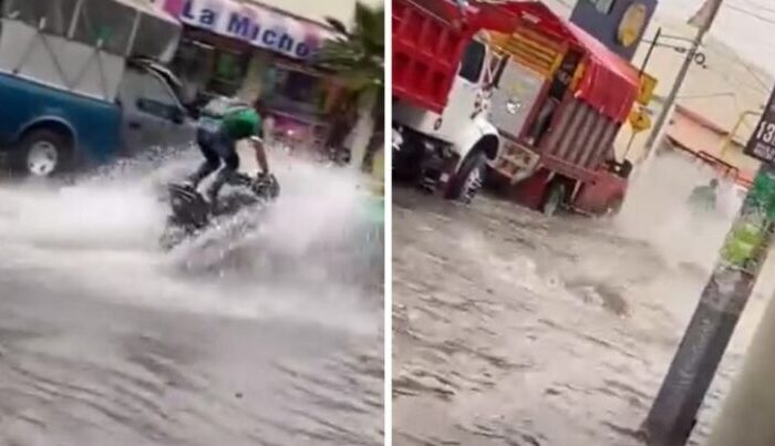 Sorprende motociclista que “surfea” en inundación