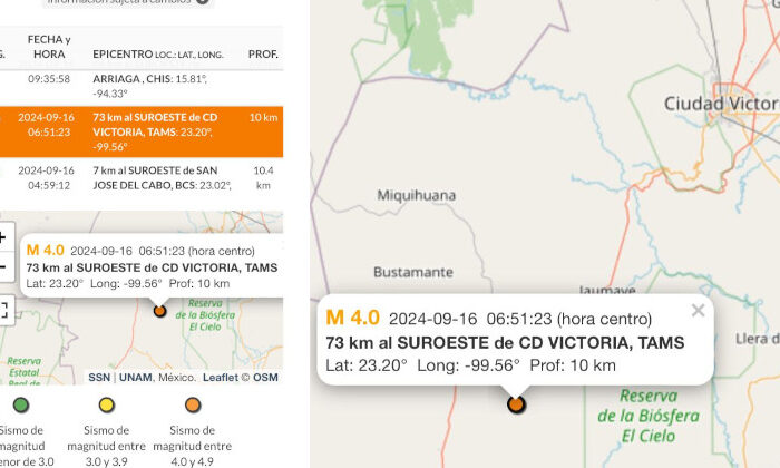 Reportan sismo de 4.0 grados a 73 km de Victoria