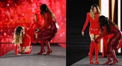 Belinda sufre caída en pleno desfile en París y Anitta la ayuda a levantarse