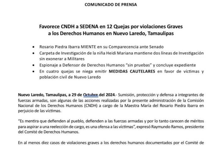 Favorece CNDH a SEDENA en 12 Quejas por violaciones Gravesa los Derechos Humanos en Nuevo Laredo, Tamaulipas