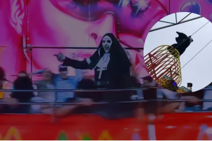 La monja de la feria lleva al extremo su show y pone en riesgo su vida en juego mecánico