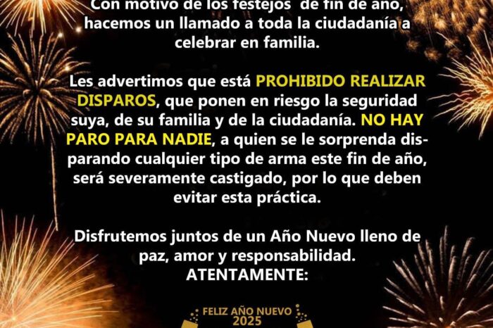 CDN prohíbe realizar disparos al aire durante las celebraciones de año nuevo