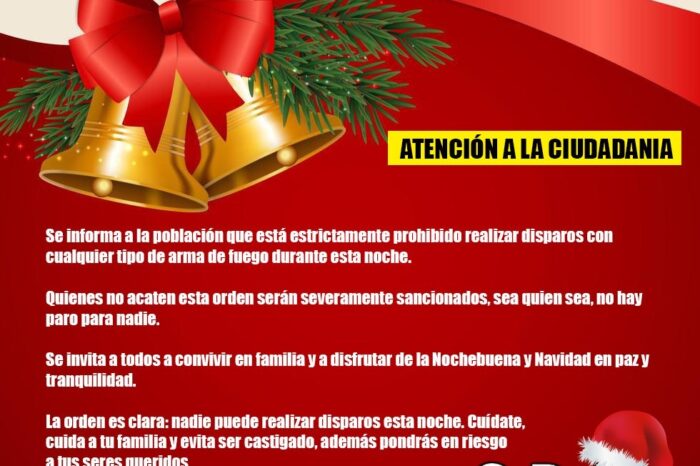 CDN exhorta a no disparar al aire durante la noche de celebración de nochebuena y Navidad