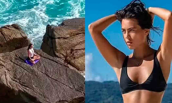 Modelo es arrastrada por enorme ola mientas hacía yoga