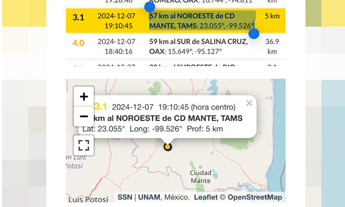 Se registra sismo a 67 km de Mante, Tamaulipas