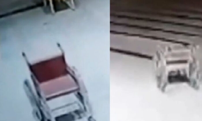 Silla de ruedas recorre sola varios metros en un hospital